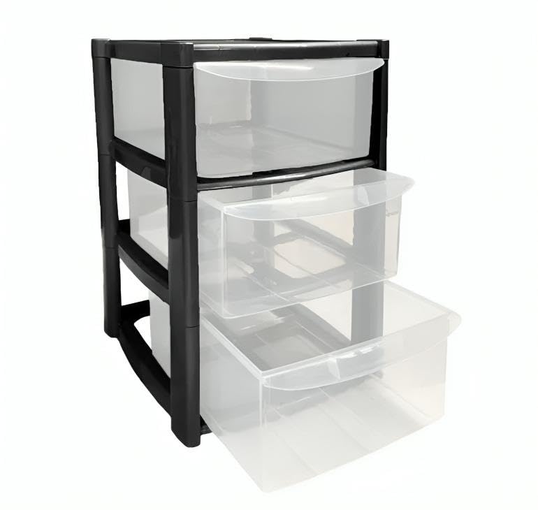 Buystarget Plastic Drawers Storage Unit, 3 Tier Plastic Storage Drawers, A5 Paper Format Office Home Desktop Stationery Make Up Organiser Tidy Small Black 3 Drawer Mini Tower