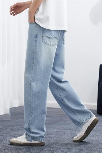 Men's Thin Straight Jeans, Cotton Zipper Loose Wide-Leg Pants Mid-Waist Vintage Jeans3