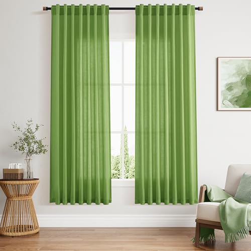 Image of Lime Green Linen Curtains 72 Inch Long for Living Room Bedroom Lightweight Door Drapes 2 Panels Set, Semi Sheer Light Filtering Back Tab or Rod Pocket Curtain,52x72