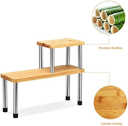 COSTWAY 2 Tier Kitchen Corner Shelf, Desktop Shelving Storage Organiser Bamboo Spice Rack, Countertop Display Corner Bookshelf for Home Office (Rectangular)