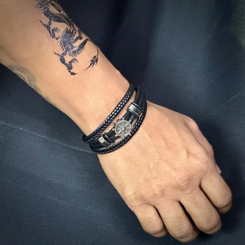 Image of THE MEN THING Leather Bracelet for Men - American Style Genuine Leather Multi-Layer Braided Bracelet with 100% Stainless Steel Magnetic Buckle for Men & Boys (8 inch)