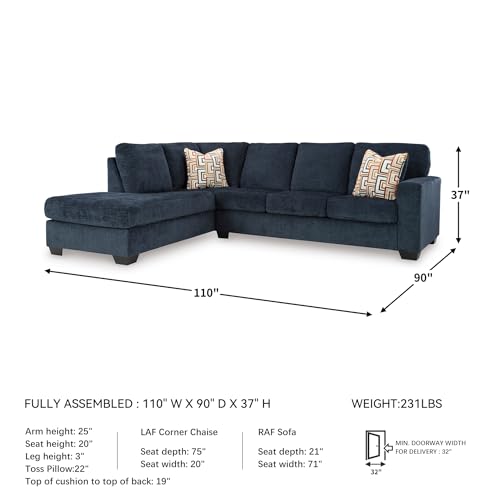 Image of Signature Design by Ashley L-Shape Navy Blue Sectional Sofa with Chaise | Plush chenille fabric for living rooms, 110-inch L-shaped layout, Sag-resistant platform foundation, Aviemore Series
