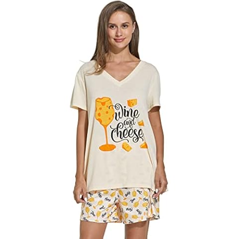 Vozanet Women's Pajama Sets V Neck Sesy Sleepwear Novel Red Wine and Cheese Patterns Printed Summer Short Sets PJS Party Clothes, WineCheese, Small Cover