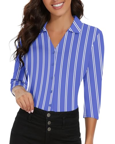 Soneven Camisa Elegante de Verano para Mujer, de 3/4 Manga Larga con Cuello en V, Polo de Golf para Trabajo con Botones, Rayas blancas, L