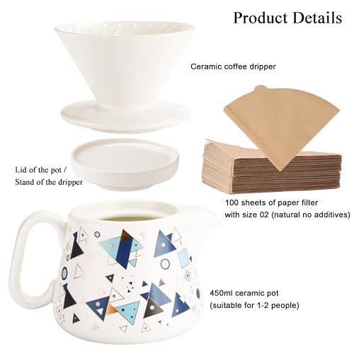 Image of Pour Over Coffee Maker, Ceramic Coffee dripper with 100 pcs Paper Filter, Ceramic coffee Server with Lid, 15.5oz /450 ml, Suitable for 1-2 people (White A)