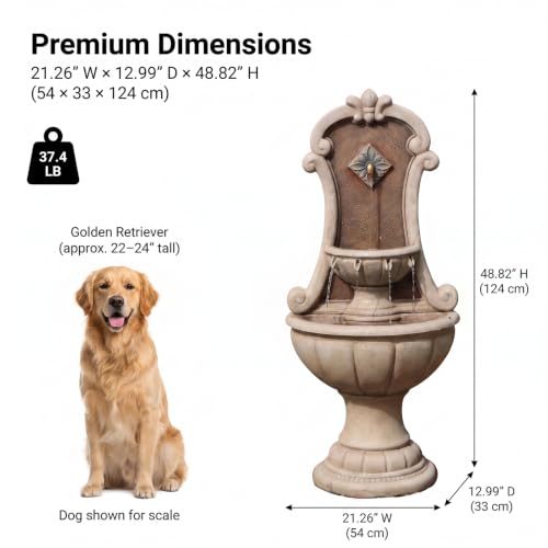 Image of Bumilgar Outdoor Wall Fountain with LED Lights, 48.82 inch H Freestanding Garden Water Fountain Sandstone Curved Scroll Resin, Large Floor Standing Patio European Resin Flat Back Yard