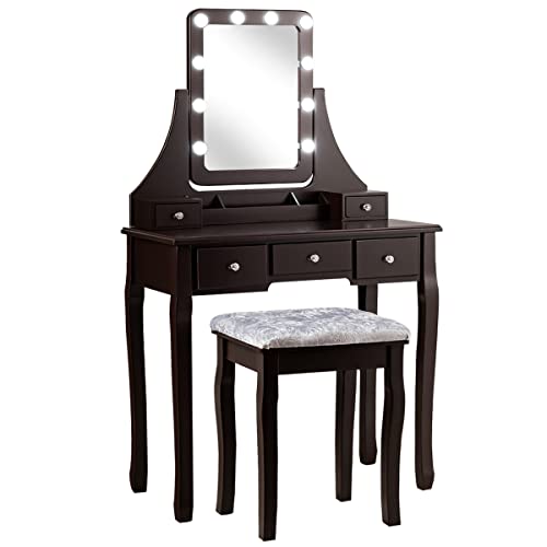 MAT EXPERT Vanity Set with Lighted Mirror and Drawers, Modern Dressing Table w/Cushioned Stool & Divided Compartment, Makeup Dresser w/360° Rotatable Mirror, Bedroom Vanity Set w/10 LED Light (Brown)
