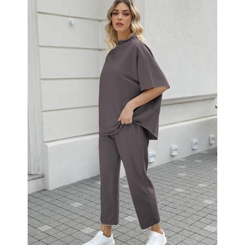 Image of SeeLuNa Women's Two Piece Outfits 3 /4 Batwing Sleeve Capelet Crew Neck Pullover Top Wide Leg Pants Lounge Set