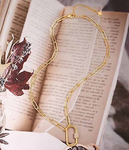 18K Gold Paperclip Chain Necklace Fashion Cz Pave Oval Screw Lock Carabiner Clasp Pendant Necklace Geometric Link Chain Layering Jewelry For Women Girls #TOP6