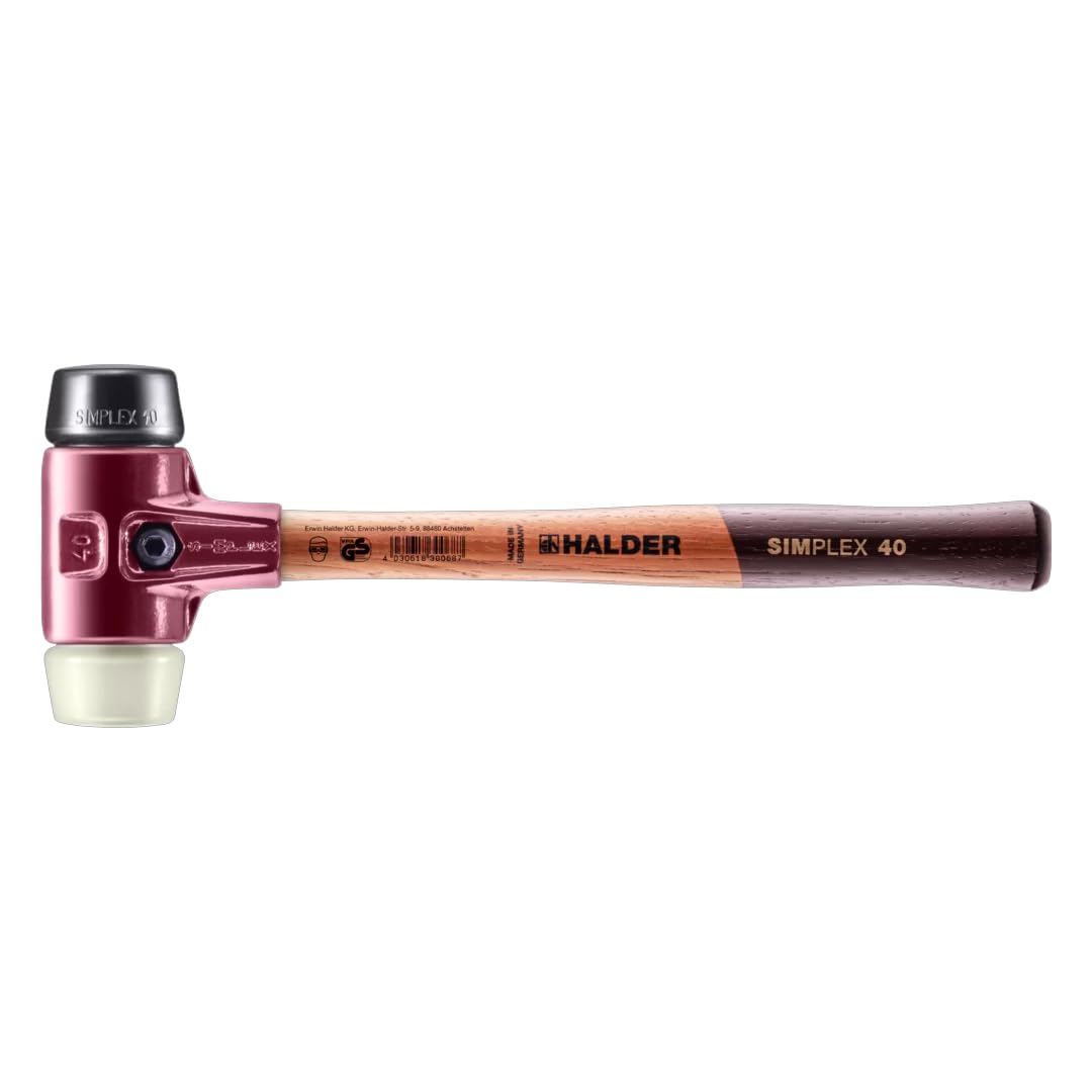 Halder Simplex Soft-Faced Mallet 3028.040 – Medium-Hard Rubber Insert, Hard Nylon Insert, Cast Iron Housing with Handle Protection Sleeve, Varnished Wooden Handle, 40mm, 1.4 lbs.