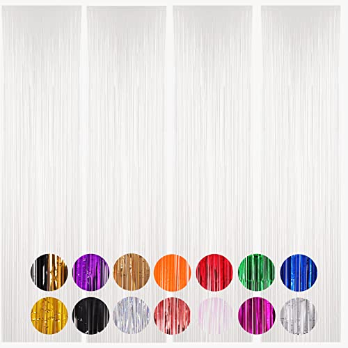 Image of Voircoloria 4 Pack White Foil Fringe Backdrop Curtains, Tinsel Streamers Birthday Party Decorations, Fringe Backdrop for Graduation, Baby Shower, Gender Reveal, Disco Party