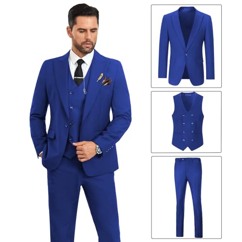 Image of Mens Suit Slim Fit 3 Piece Double Breasted Suit Men Formal Tuxedo Set Casual Wedding Prom Groom Suits