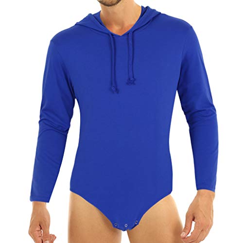 ACSUSS Men Adults Long Sleeve Diaper Lover Hooded T-Shirt Press Button Crotch Shirt Leotard Bodysuit Blue Large
