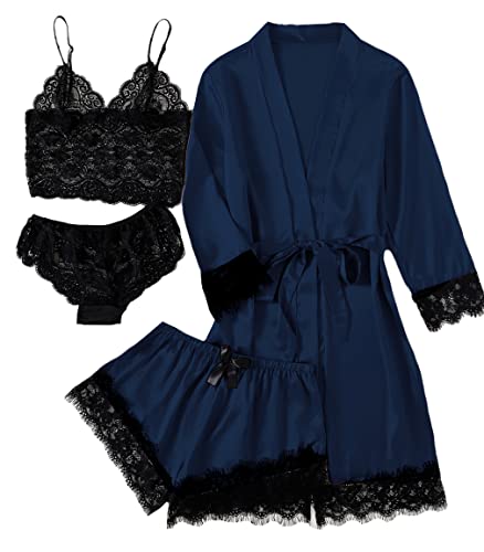LYANER Women's 4pcs Sleepwear Satin Floral Lace Trim Cami Pajama Set with Robe Solid Navy Blue Medium