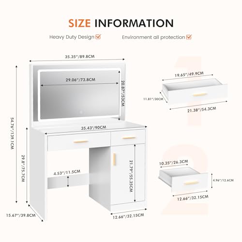Image of Sweetcrispy 35 inch Large Vanity Desk with LED Lights Mirror & Power Outlet