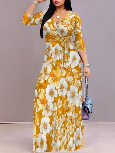 Image of Plus Size Dresses for Women Floral Print Maxi Dress Flowy 3 /4 Sleeve with Belt