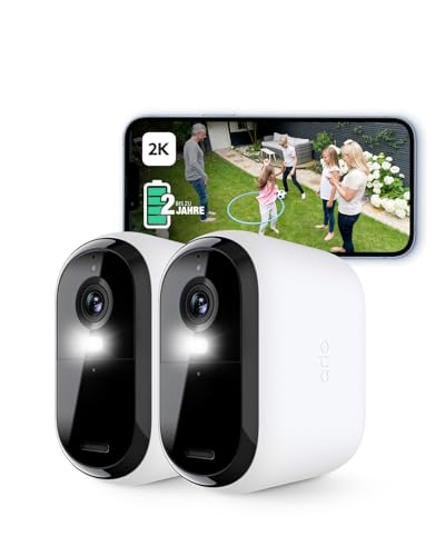 Arlo Essential 2 XL Batterie 2K Überwachungskamera Aussen WLAN, Kabellos, 2K HD Video, Farbnachtsicht, Licht, Bewegungsmelder, Sirene, 2-Wege Audio, Arlo Secure Plan Testzeitraum, 2 Kameras