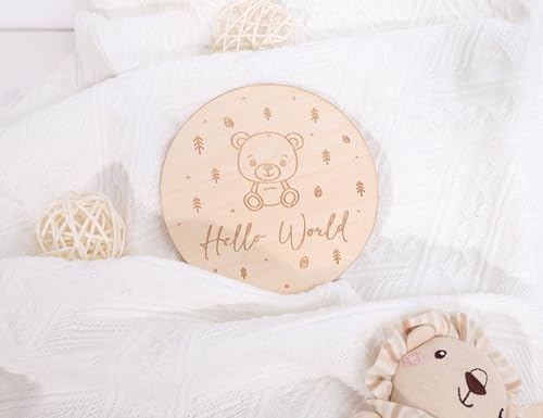 Image of Wooden Hello World Birth Announcement Sign - Teddy Bear Theme Baby Welcome Card for Newborn, Wood Birth Announcement Discs, Wooden Baby Cards First Year, Baby Shower Gift, Gift for Newborn