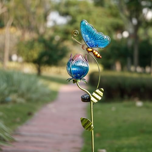 TERESA'S COLLECTIONS Garden Ornaments Outdoor Gifts for Christmas, Metal Butterfly & Tulip Solar Garden Stake Lights, Waterproof Flower & Animal Solar Light Decor for Yard, Lawn & Flower Pot, 106cm