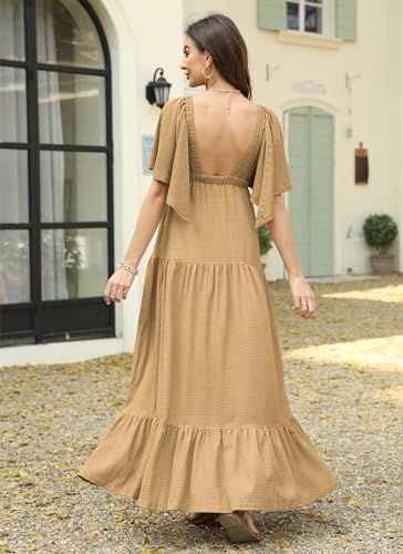 Image of Kikibell Women Summer Dresses Sexy V-Neck Maxi Dress Tiered Silhouette with Flutter Sleeve Backless Elastic Waist Flowy Dress