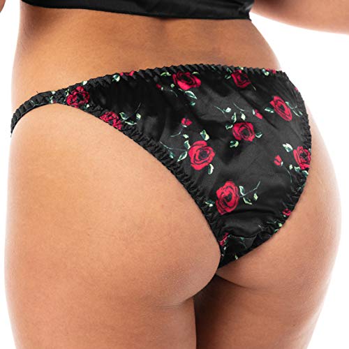 Satini Women's Print Tanga Bikini Briefs Satin Panties (Black - Red Roses, M) #TOP2