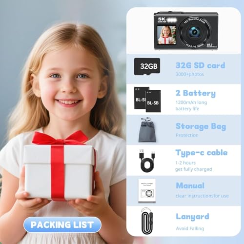 Image of Digital Camera for Kids, 1080P FHD Kids Camera with 32GB SD Card, 44MP Point and Shoot Digital Camera with 16X Zoom, Compact Small Vintage Camera Gifts (CAM28)