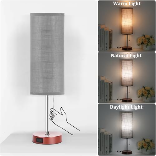 Dott Arts 18" Table Lamp for Bedroom, 3-Color Bedside Lamps with Pull Chain, Bedroom Table Lamps for Nightstand,AC Outlet Small Lamp for Living Room, Bulb Included Grey by Dott Arts - Used condition - Image 2