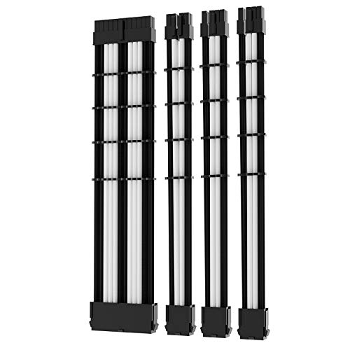 ASIAHORSE 18AWG PSU Cable Extension Sleeved Custom Power Supply Braided with Combs kit for ATX CPU GPU Modular Power Supply Unit /1x24P/1x8P (4+4) CPU/2x8 P(6+2) GPU/30CM 11.8Inch (Black and White)