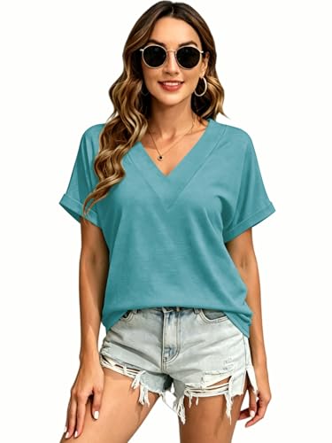 Image of T Shirts Short Sleeve V Neck Tees Womens Tops Beach Vacation Fashion Clothes 2026 Casual Summer Spring Fall Outfits