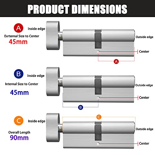 RESET-45/45T Thumb Turn Euro Lock Cylinder(90mm),Euro Door Barrel Lock with 3 Keys,Anti-Bump,Anti-Drill,Anti-Pick Door Lock with Key,High Security for Wooden,UPVC and Composite Doors,Brass,Chrome - Image 4