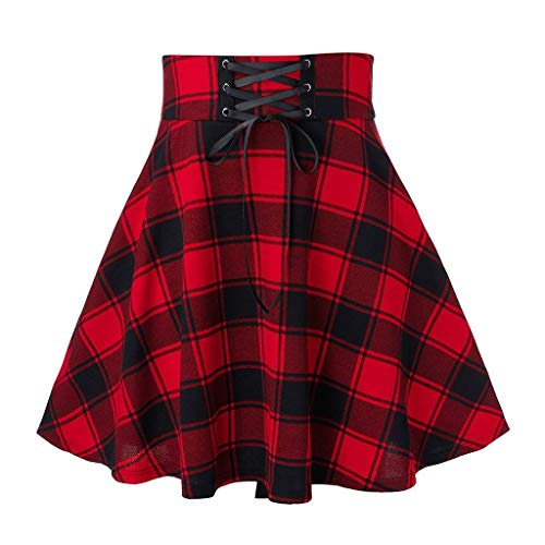 Generic Women s Elastic Waist Plaid Pleated Skirt Tartan Skater Splicing Frenulum A-line Short Mini Skirts Red, Small