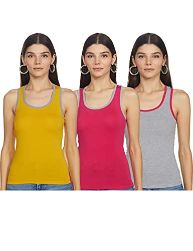 Image of Longies Women's Racer Back Regular Tank Top (LWRTPO3V001 Rani,Grey Milange & Mustard S)