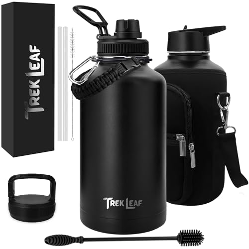 Trek Leaf Travel Water Bottle with Carrying Bag, 3 Lids (Spout, Straw, Handle), and Bottle Brush; Leak Proof, Quality, Vacuum Insulated, Stainless Steel (Black, 64 oz)
