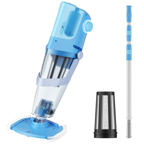 Cordless Pool Vacuum with Telescopic Pole, 26.5 gallons/min Powerful Suction, Handheld Rechargeable Swimming Pool Cleaner with 1H Running Time, Pool Vacuum for Above/In Ground Pools, Spas, Hot Tubs