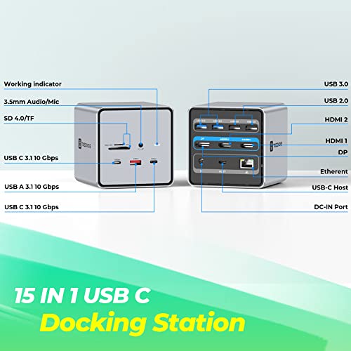 Tobenone Usb C Docking Station Dual Monitor, Usb C Dock With 150W Power Adapter, 15W Charging For Phone, 2 Hdmi, Dp, 3 Usb 3.1, Sd 4.0/Tf, 4 Usb, Rj45, Laptop Docking Station For Dell/Hp/Lenovo #TOP6