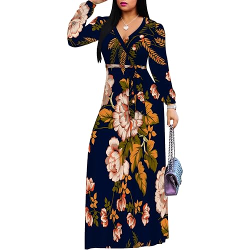 Image of Women Plus Size Long Sleeve V Neck Maxi Dress with Belt | Soft fabric relaxed fit three quarter sleeve v neck with pockets for party and daily wear