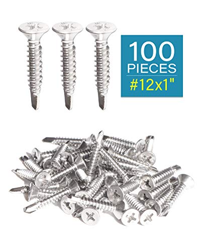 Image of IMScrews 100pcs #12 x 1 Stainless Flat Head Phillips Self Drilling Screws, 410 Stainless Steel Full Thread Sheet Metal Tek Wood to Metal Screws