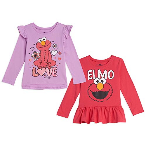 Sesame Street Elmo Toddler Girls 2 Pack Long Sleeve Ruffle Tees Pink/Purple 4T