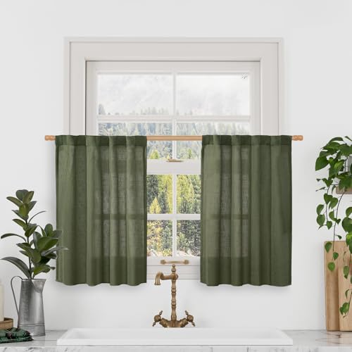 LAMIT Olive Green Linen Window Curtains 30 Inches Long 2 Panels, Semi Sheer Light Filtering Panels Back Tab and Rod Pocket Christmas Drapes for Basement/Small Windows, 34 x 30 Inch