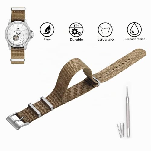 BISONSTRAP Bracelets de Montre en Nylon pour Hommes, Bracelets Militaire Monobloc, 20mm, Marron (Boucle Argentée) – vue 3