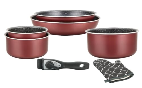 Herzberg - Batterie de Cuisine - Lot de 3 Casseroles Induction et 2 Poêles Antiadhésives en Aluminium Forgé - Poignées Amovibles - Gant de Cuisine Inclus -...