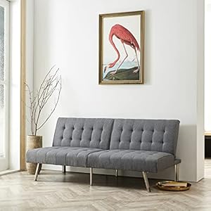Naomi Home Tufted Futon Sofa Bed Pull Out Sofa Bed Couch Convertible with Wooden Legs, Folding, Reclining Small Couch Bed, Futon Bed for Living Room (Gray, Tufted Split Back/Linen)
