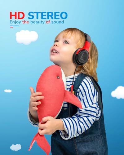 Image of awatrue Kids Headphones for School Travel, 85 /94dB Safe Volume Limit, 3.5mm Jack, HD Mic, Portable Wired Headphone with Shareport, Stereo Sound On-Ear Headphones for Toddler Kids Girls Boys BlackRed