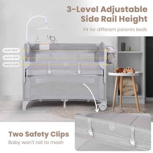 Baby Bassinets Bedside Sleeper, 4 in 1 Portable Bedside Crib w/Mattress, Diaper Changer, Storage Basket, Music Box, Carry Bag, Foldable Playard Sleeper for Newborn (Light Gray) - Image 4