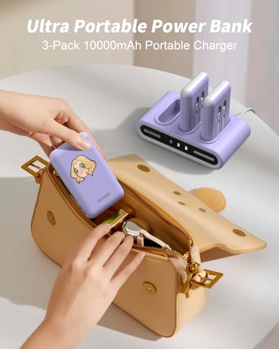 Image of GOODaaa Portable Charger, 3-Pack 10000mAh Slim Power Bank Built in Cables, 3 Outputs 1 Inputs Family Power Hub for All Mobile Devices, Charging Station Set Includes 140 DlY Stickers, for Home,Office