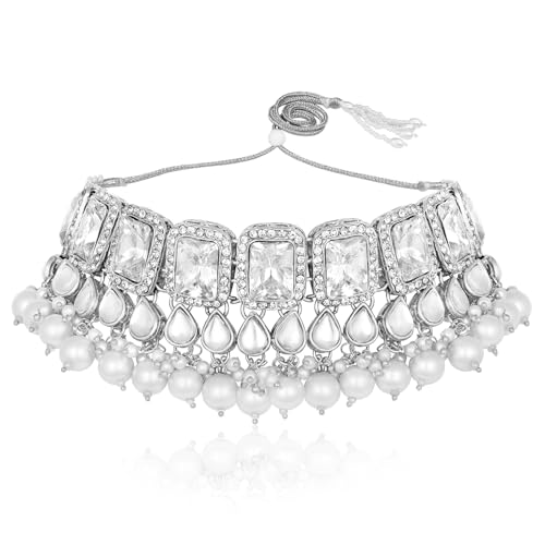 Image of Peora Crystal Faux Pearl Kundan Necklace & Jewellery Set Gift for Women