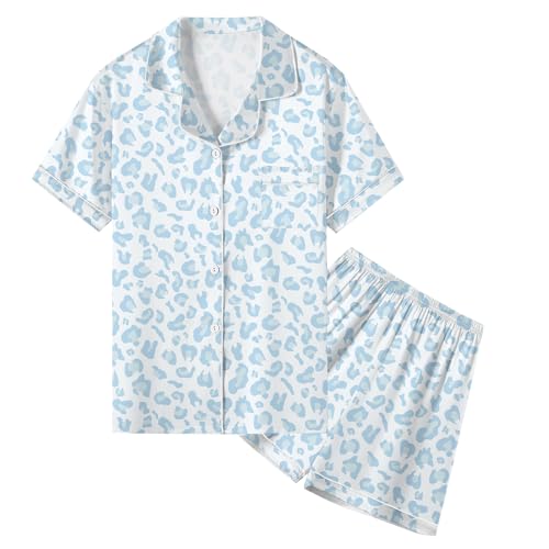 Image of Umeyda Women & Girls Pajamas Set, Soft Satin Lightweight Silk Button-Down Top with Shorts 2 Piece PJS for Mom Boys Kids Gifts