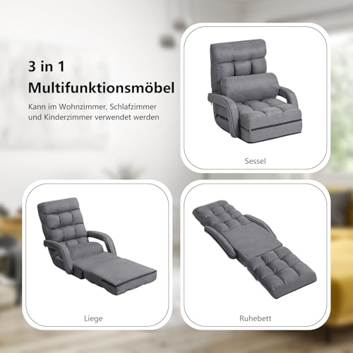 FANTASK verstellbare Sofa, Klappsofa Lazy, Verstellbare Rückenlehne 90° bis 180°, Liegebett mit Armlehnen und Kissen für Zuhause, Grau