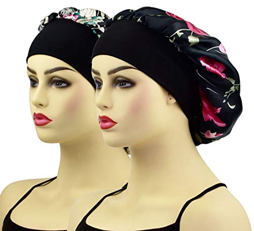 2 Pack Satin Sleep Caps for Women, Wide Band Satin Night Cap Sleeping Bonnet Hat Head Cover for Natural Hair Braids, Lily & Rose