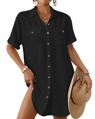 La Mejor Selección de Tops de bikini para Mujer que puedes comprar esta semana. 44 Bsubseach Traje de Baño Cubre Bikini Sexy Vestido Corto de Playa con Botón para Mujer Camiseta Cover Ups con Bolsillos Blusa Tops Camisola y Pareos de Verano Negro XL